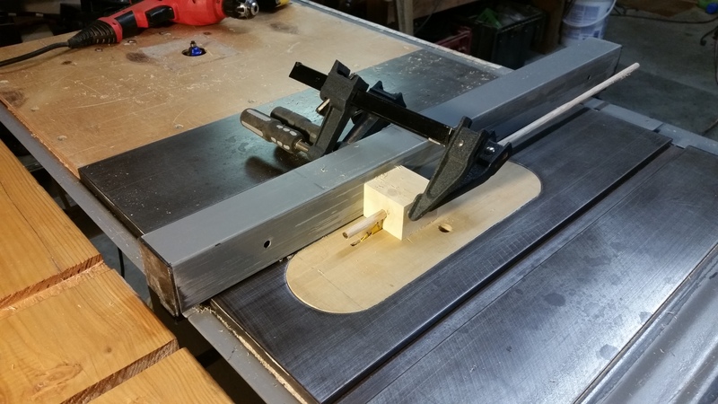 Simple dowel making Jig for the Table saw.  Made from a small block of wood