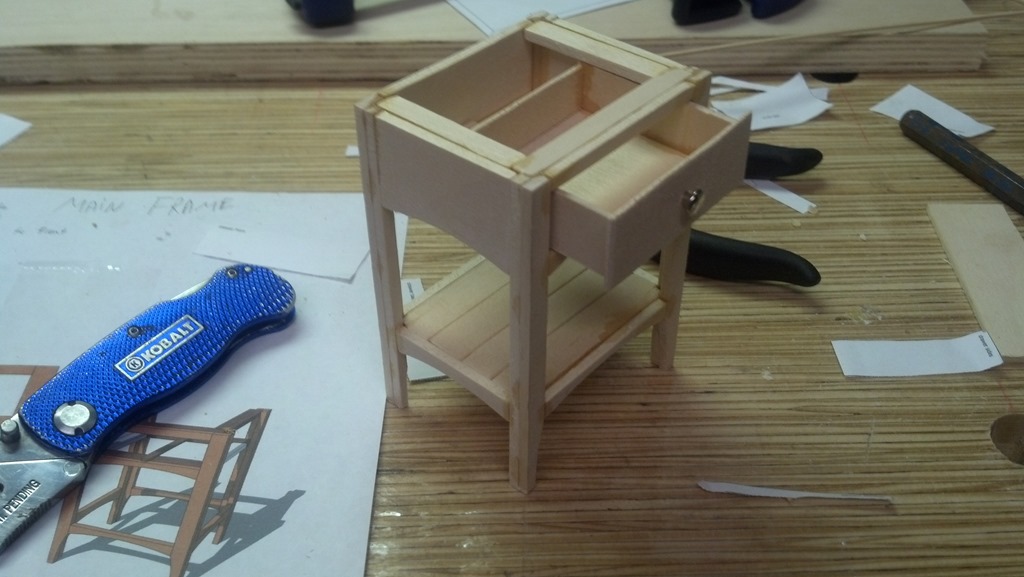 Miniature night stand frame during assembly