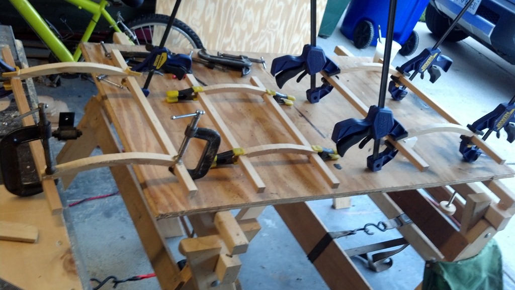 Gluing and clamping the homemade wooden backpack frame parts