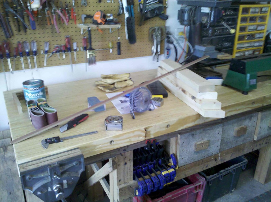 work surface made with LVL plywood mounted to old workbench